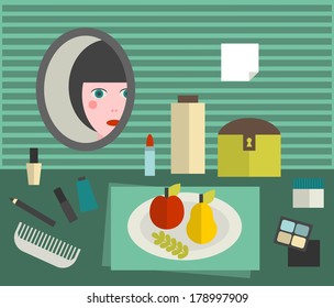 Girls table with different things on it. Vector illustration.