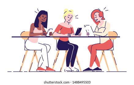 Girls with tablets flat vector illustration. Female friends, students holding smartphones, checking updates, sitting in cafe isolated cartoon characters with outline elements on white background
