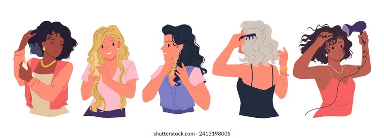 Girls take care of curly and wavy hair set vector illustration. Cartoon isolated beautiful young women apply cosmetic products, comb and dry frizzy strands hairdryer with diffuser, curly girl method