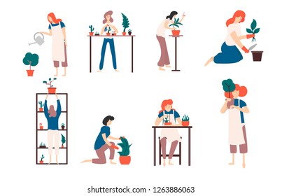 girls take care of indoor plants,cartoon characters,set of vector icons