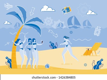 Girls Take Selfie while Standing Under Palm Tree. Young Woman in Bathing Suit Goes to Friends for Joint Photo on Vacation. Summer Holiday on Ocean. Vacation in an Exotic Country. Yacht Competitions
