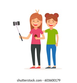 Girls take selfies with a selfie-stick. Man making selfie with mobile phone. Funny selfie. Cute girls taking selfies. Girl with ice cream. Bloggers shoot video. Vector illustration in cartoon style 