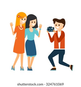 Girls taking a photo by a photographer in flat style, vector illustration 