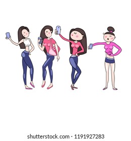 Girls taking photos in front of a mirror with a smartphone in their hands, in different circumstances of life, set color vector drawings