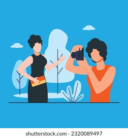 Girls taking pictures of each other vector illustration