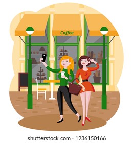 Girls taking selfie flat illustration. Two female friends walking at the cafe. Friendship vector image.