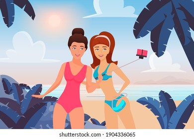 Girls taking selfie photo on tropical sea beach summer landscape vector illustration. Cartoon young cute woman characters holding selfie stick to take photography, best friends have fun background