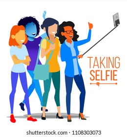 Girls Taking Selfie Vector. Photo Portrait Concept. Self Camera. Modern Flat Isolated People Illustration
