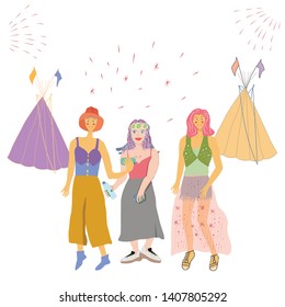 Girls taking selfies during festival. Tents and fireworks on background. Poster design, music festival banner. Vector background for flyer, poster. Flat vector Illustration for music festival.