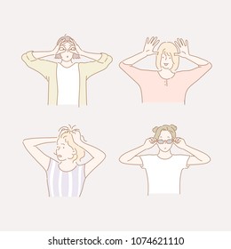 girls taking various hand gestures. hand drawn style vector doodle design illustrations.