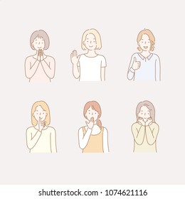 girls taking various hand gestures. hand drawn style vector doodle design illustrations.