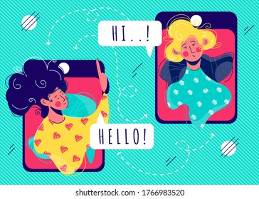 Girls talk to each other on smartphone screens. Working from home, social distancing, business discussion, quarantine concept. Video call with your family, colleagues, friends online during COVID-19.
