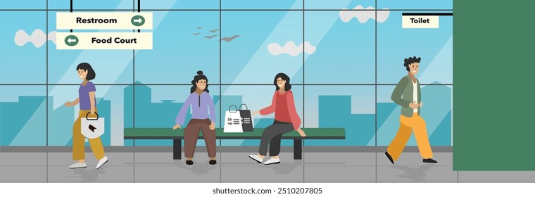 Meninas conversam. Pessoas fazendo compras no shopping. O homem queria ir ao banheiro. As pessoas vão à praça de alimentação. As pessoas querem fazer xixi. A menina sentou-se na cadeira. Banheiro no aeroporto.