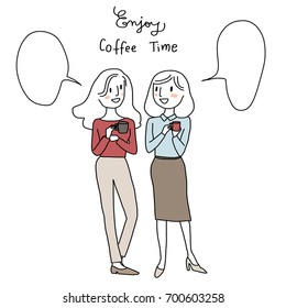 Las chicas hablan y el concepto de relaciones con las mujeres lindas hablando y riendo juntas durante su tiempo de café en la oficina. Ilustración vectorial con estilo dibujado a mano.