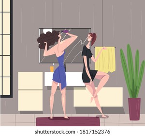 Girls Talking in Bathroom, One of them Standing in front of Mirror and Drying her Hair with Hairdryer, Hygiene Procedures, Daily Routine Cartoon Vector Illustration