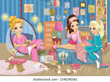 Girls talking at cute pajama party in cozy bedroom 