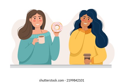 Girls are talking over a cup of coffee The concept of a coffee shop and coffee lovers. Vector illustration in a flat style