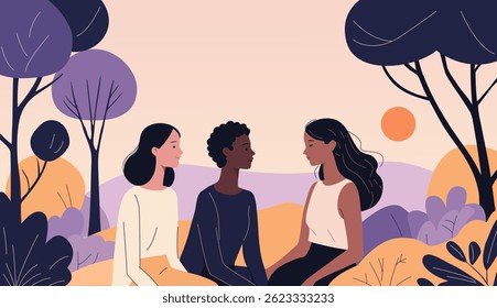The girls are talking at sunset. Happy friends are sitting in nature. Girls with different skin colors. Flat illustration