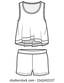 girls tank top and shorts pajama set fashion flat sketch vector illustration