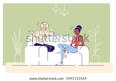Girls tea drinking at home flat vector illustrations. Young ladies, students enjoy friendly talk with coffee. Roommates gossiping cartoon characters with outline elements on green background
