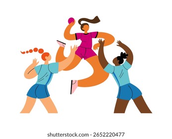 Equipes de meninas jogando handebol. Ilustração desenhada à mão do vetor da competição de handebol.