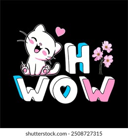 girls tee design print oh wow flower cat new vector tshirt design background and beautiful color