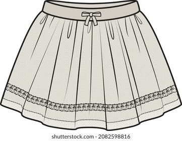 GIRLS AND TEEN BOTTOM WEAR SKIRTS WITH MESH FLAT VECTOR SKETCH