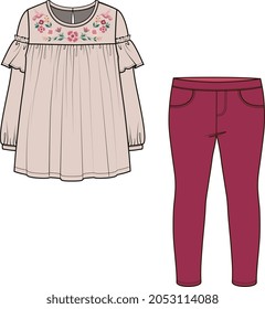 GIRLS AND TEEN DRESS SET TUNIC TOPS WITH LEGGING VECTOR SKETCH