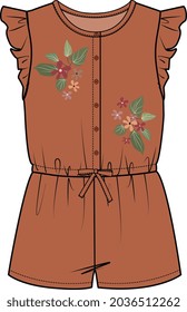 GIRLS AND TEENS WEAR WOVEN FRILLED JUMPSUIT WITH FLORAL EMBROIDERY VECTOR