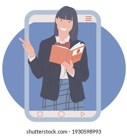 girls in telephones shows the sign of peace, a woman holds a book in her hand, online language courses, learning Japanese online, knowledge through the Internet. concept flat vector illustration