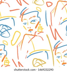 Girls texture. One line creative seamless pattern. Hand drawn vector illustration