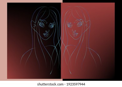 Girls .the contour is gradient.dark background with smooth transition.square frame.print interior design.vector illustration.
