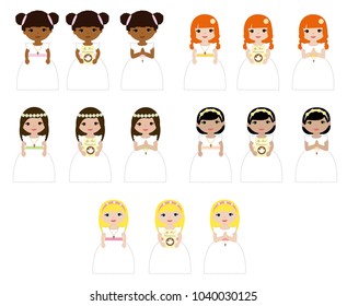 Girls in their first communion with white dress in vector