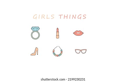 Plantilla de diseño de iconos vectoriales dibujados a mano de objetos femeninos.