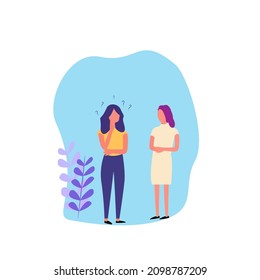 Girls think and ask questions. Woman surrounded by question marks. Flat cartoon vector illustration. Female characters standing in pose holding chin and question mark above their head.