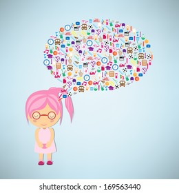 Girls think Back to School buzz words and icons forming the shape of a talk bubble