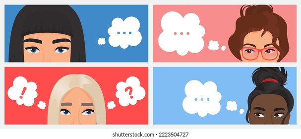 Girls think with bubbles above heads set vector illustration. Cartoon curious young female characters reflect and solve problem, collection of portraits of pensive women with callout balloons