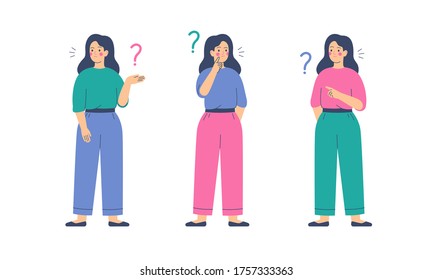 Girls thinks and asks questions. Women surrounded by question marks. Flat cartoon vector illustration.  