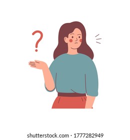 Girls thinks and has question. Woman surrounded by question mark. Flat cartoon vector illustration.  