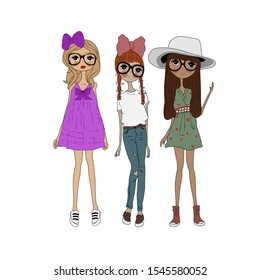 Girls ,three girlfriends vector illustration.