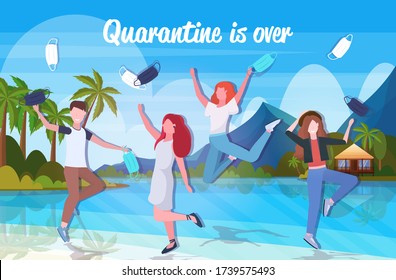 girls throwing medical masks women celebrating victory over covid-19 coronavirus quarantine is ending concept summer vacation landscape background horizontal vector illustration