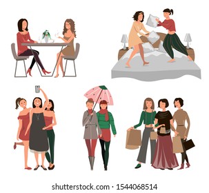 Girls time together, girls having tea, playing with pillows in the bedroom, girls make selfie, fashion look, shopping time, have fun