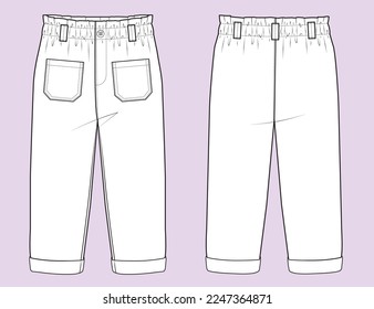 Girls Toddler Pocket Pant Cuff Fashion Technical Sketch Mockup Cad