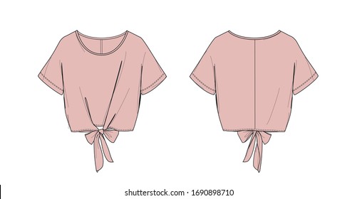 Girl's top design, drop shoulder, short sleeve, tied hem at front, pink color, flat sketch, front and back views