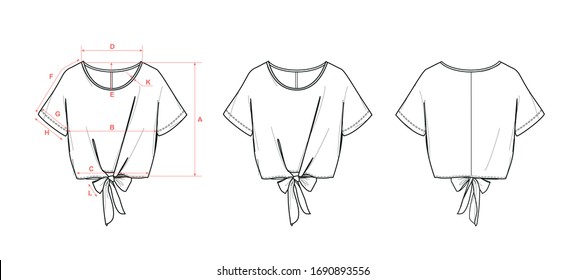 Girl's top, dropped shoulder, short sleeve, tied hem at front, flat sketch, front and back views, with measurements