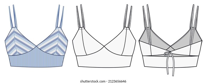 Girls Top fashion design flat template. Vintage knitting Bra fashion flat technical drawing. Mockup jersey Top.