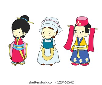 Girls in traditional costume of Asian country , Cartoon vector illustration