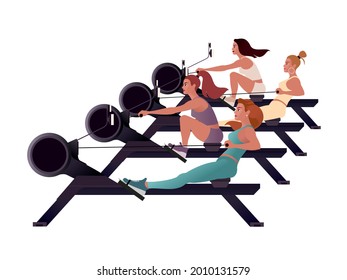 Girls train on a rowing machines. Isolated Vector illustration for landing page mockup flat design or advertising banner.