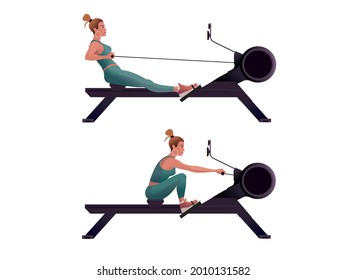 Girls train on a rowing machines. Isolated Vector illustration for landing page mockup flat design or advertising banner.