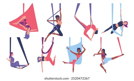 Girls training aerial yoga poses set. Young female characters flying, hanging in hammock, stretching body with ribbon, flexibility on healthy air acrobatics workout in gym cartoon vector illustration